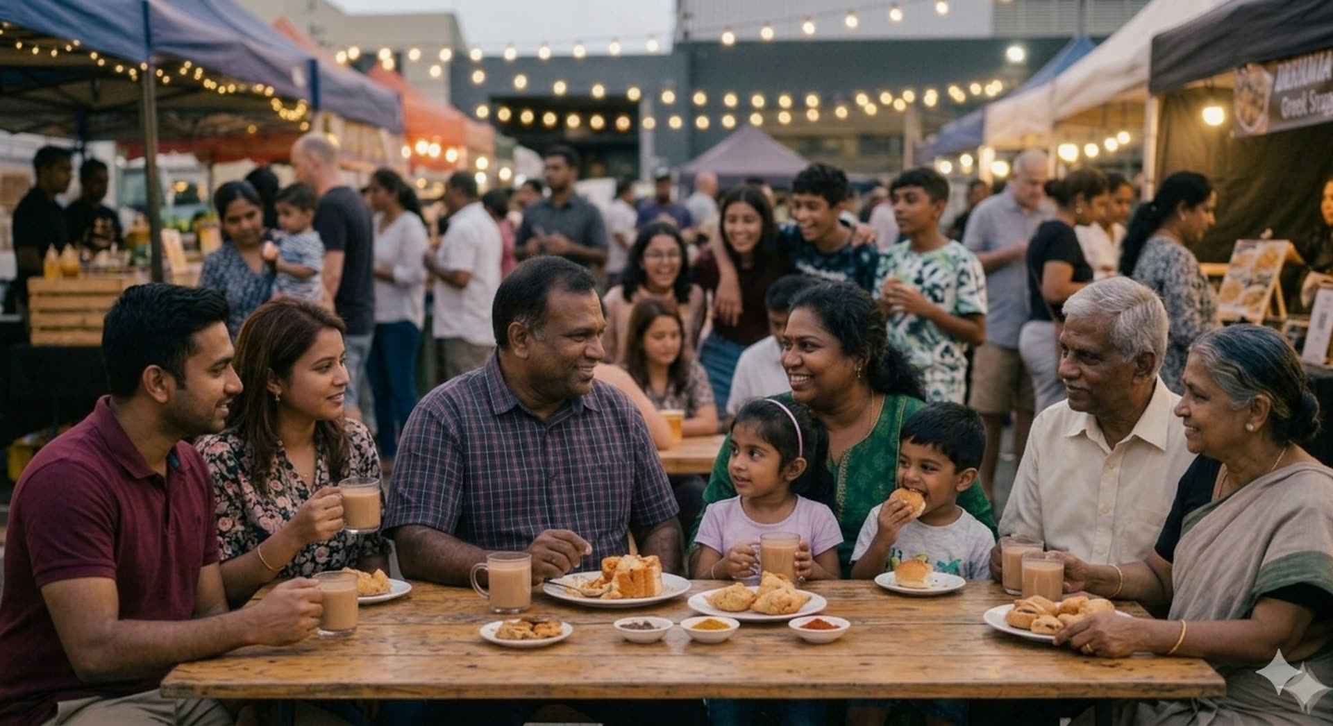 A South African Indian family sharing a meal at a community market