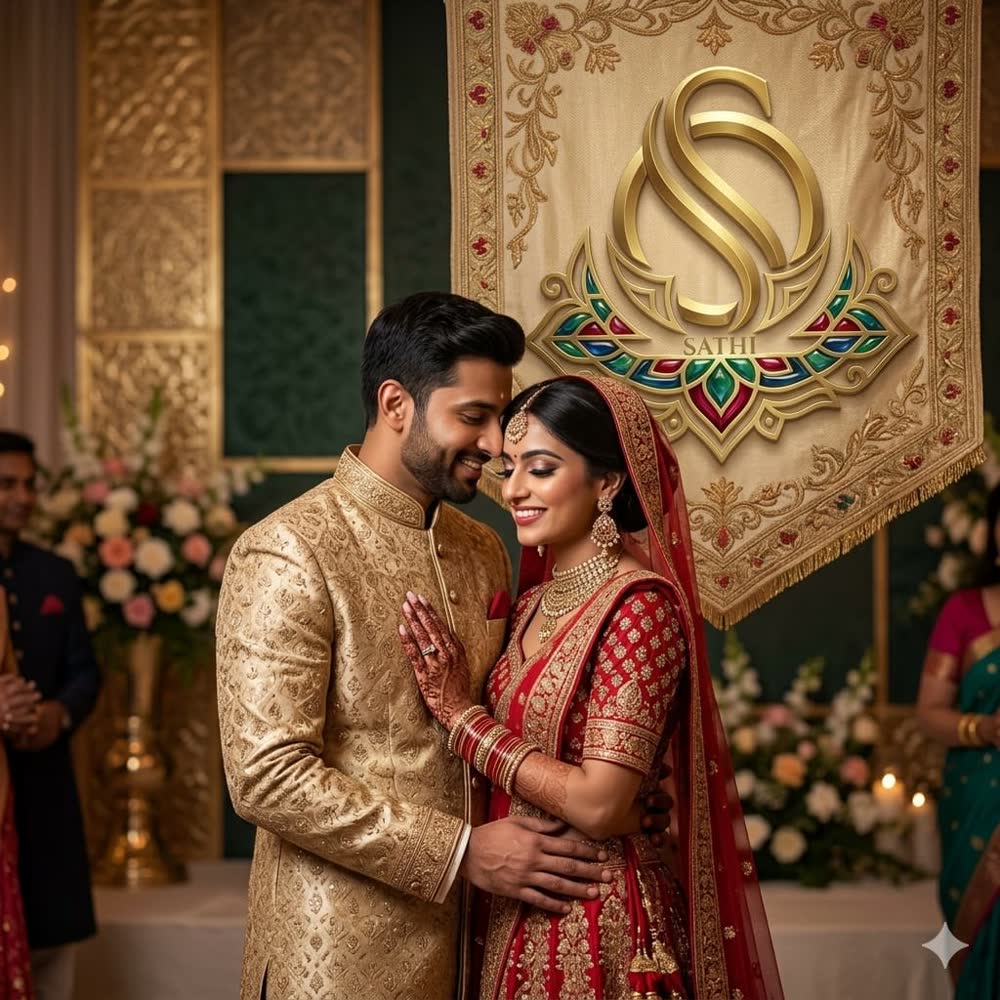 A bride and groom in traditional South African Indian wedding attire